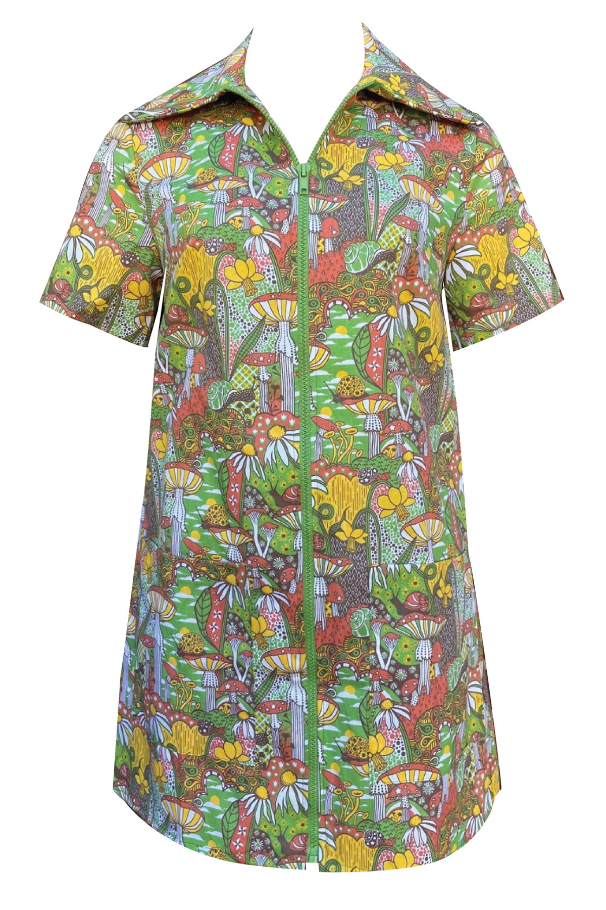 Olive green, orange, brown and mustard a-line zip-front collared minidress without belt