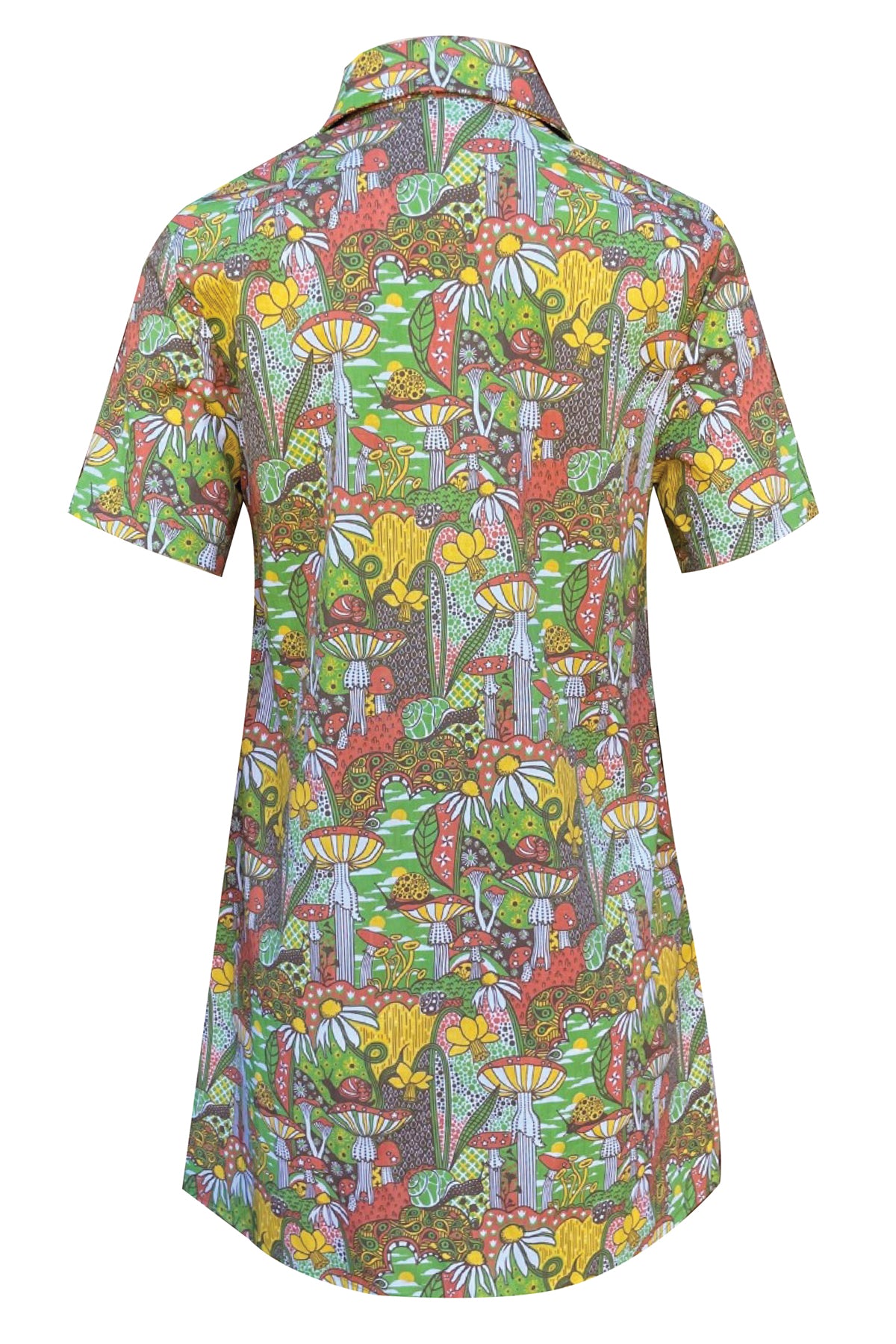 Back view of green, rust and maize belted a-line zip-front collared minidress