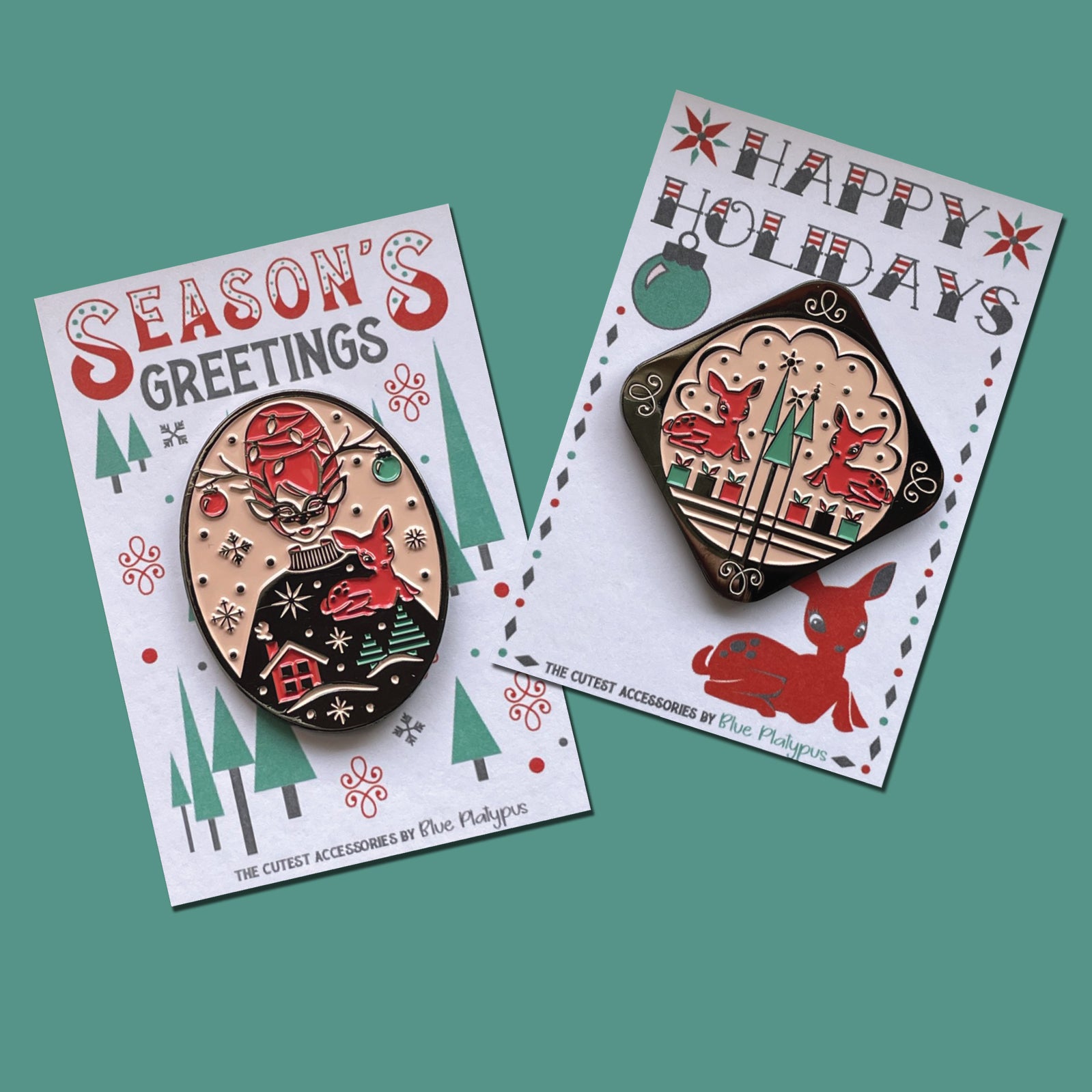 Two bright vintage inspired red and green enamel pins, one of masked woman with beehive hair and one with 2 reindeer