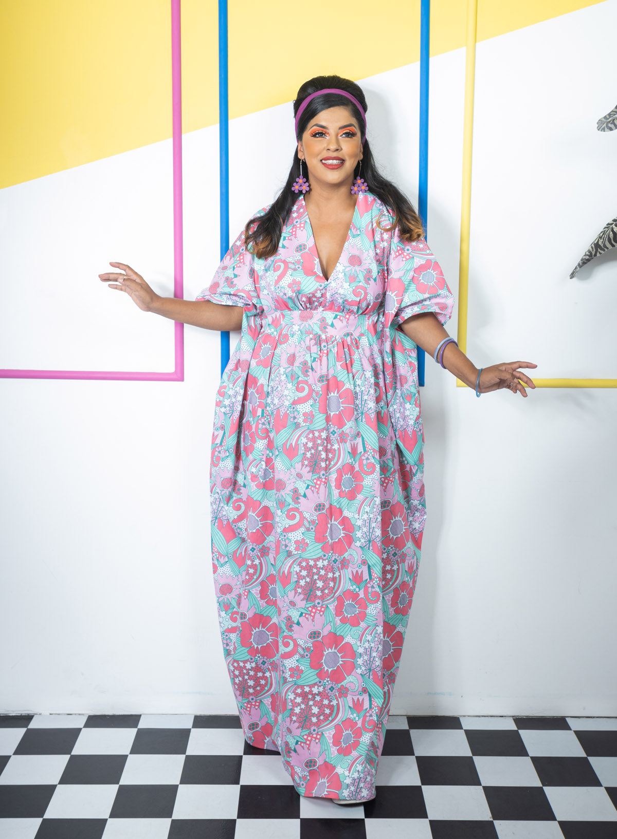 Pink and mint green flower print maxi caftan on model