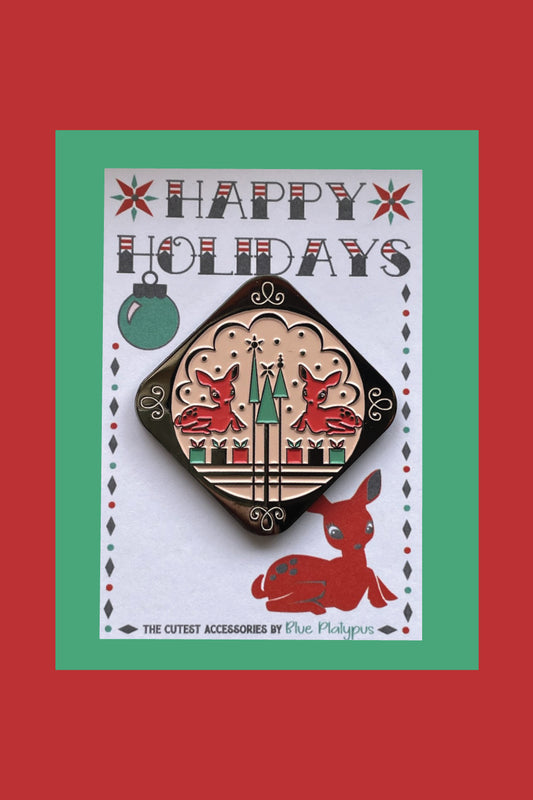 Cute diamond shaped enamel brooch with 2 reindeer, Christmas trees and presents