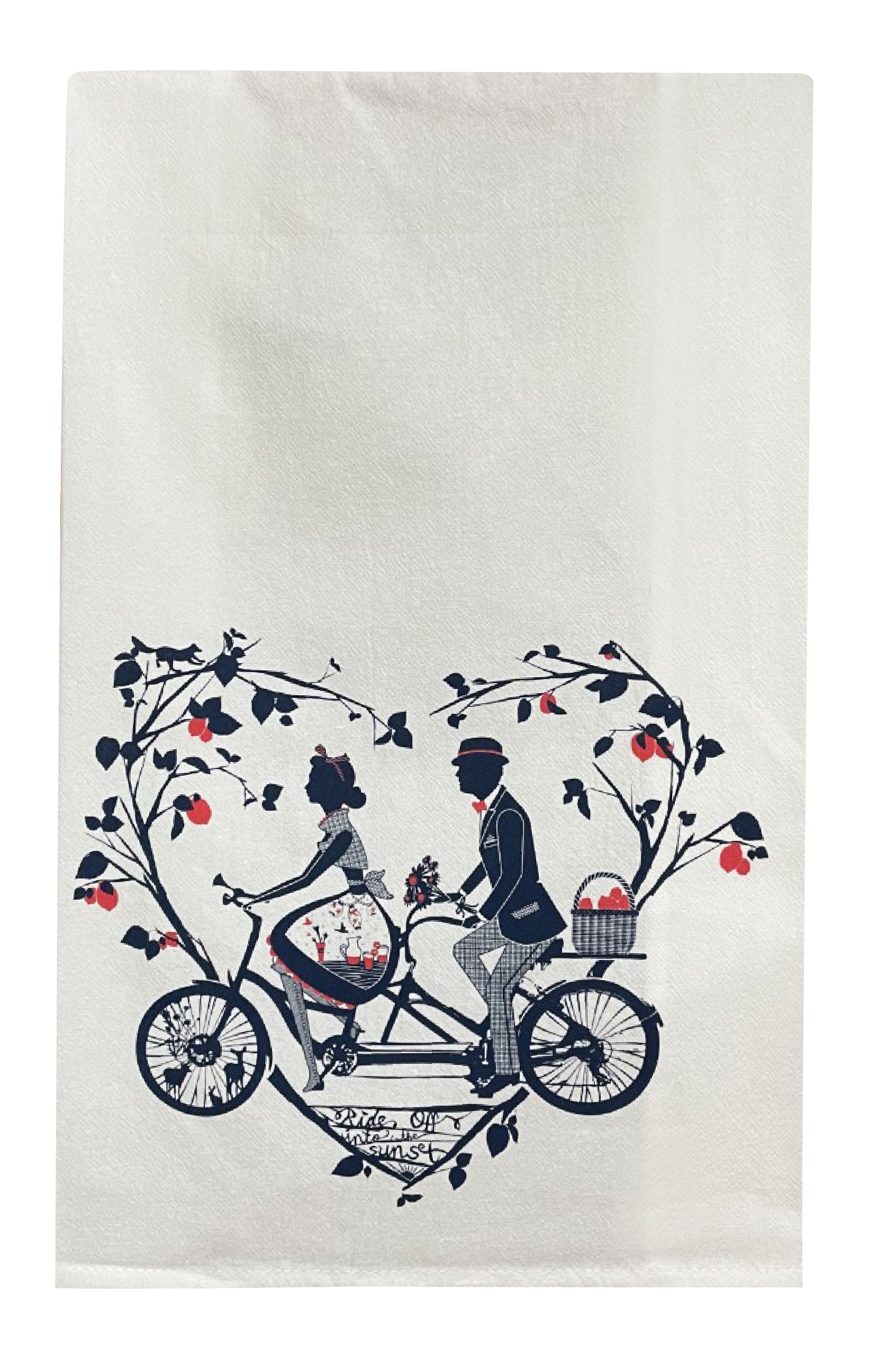 Off-white tea towel with navy and red print of a couple riding a tandem among fruit trees