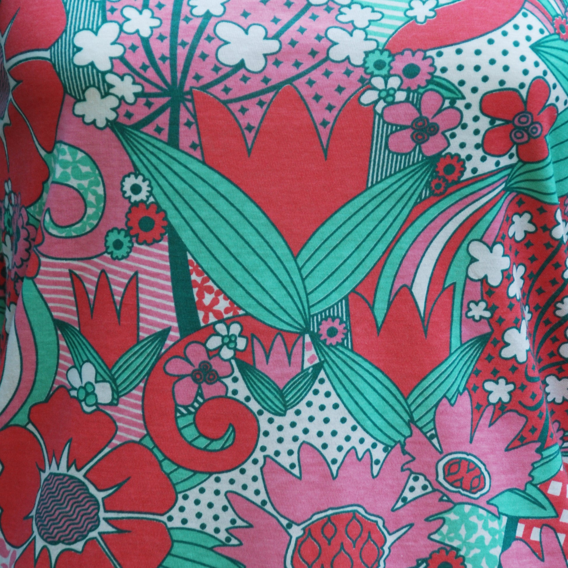 Closeup of pink and green floral print shirt