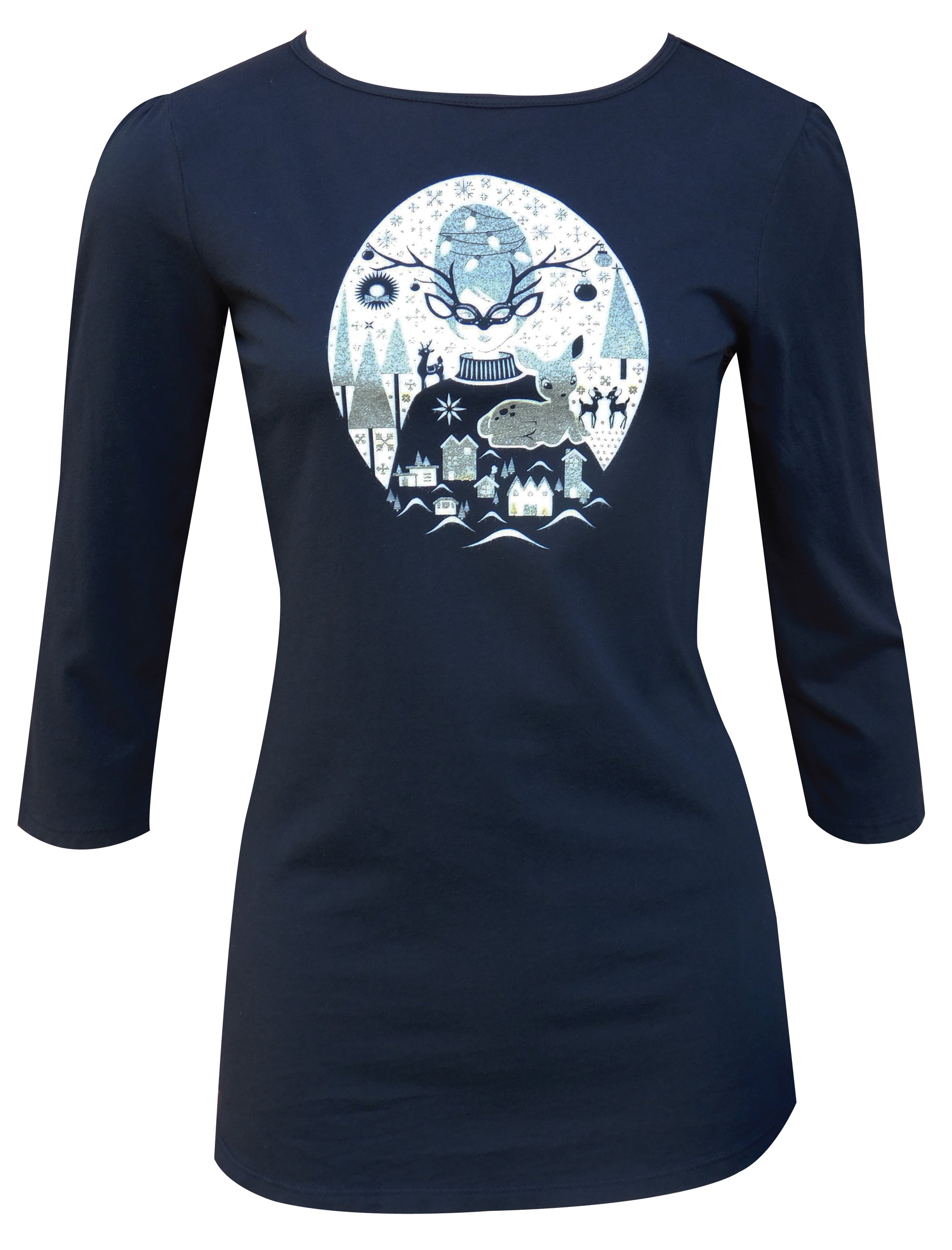 Black 3/4 sleeve tee with gold and off white design of masked girl with antlers, reindeer, pine trees and a wreath