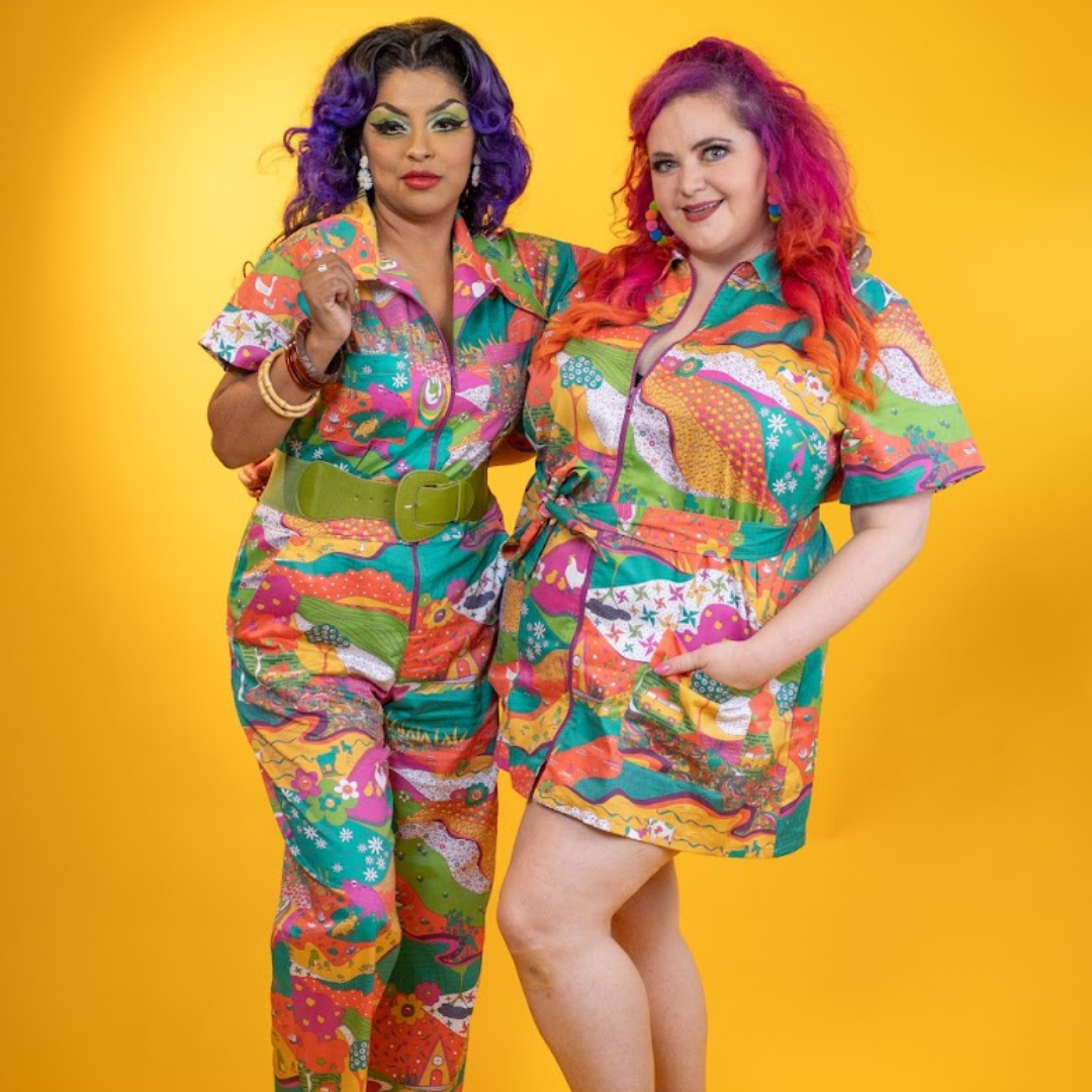 2 models in brightly colored psychedelic clothing