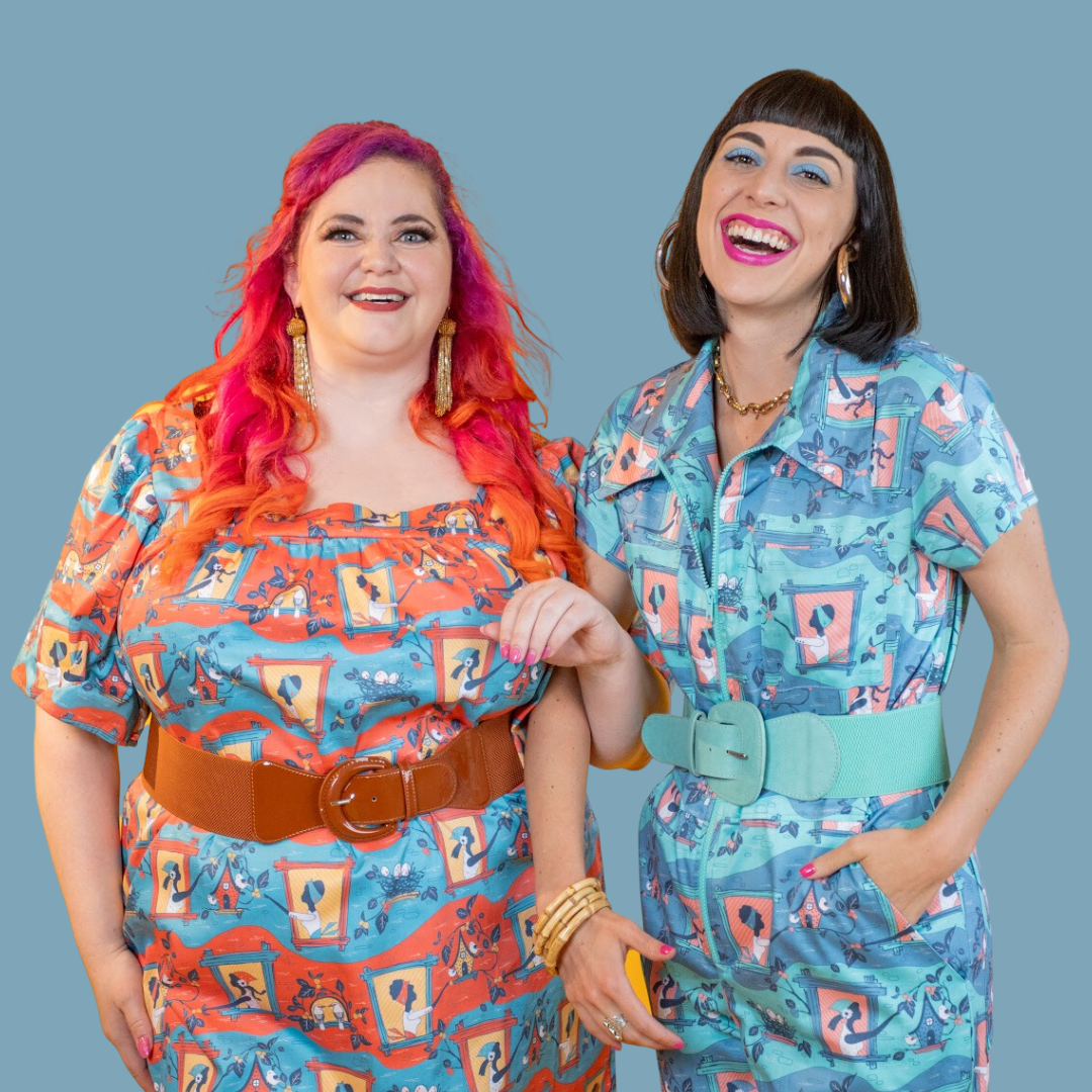 2 girls wearing vintage-inspired printed clothing in vivid colors