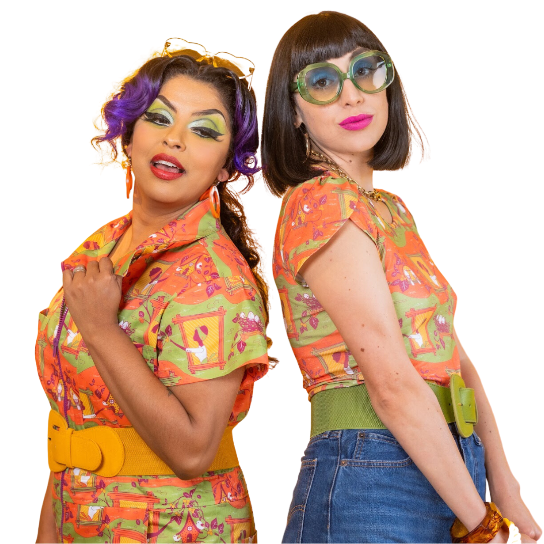 2 models wearing quirky orange and green outfits 