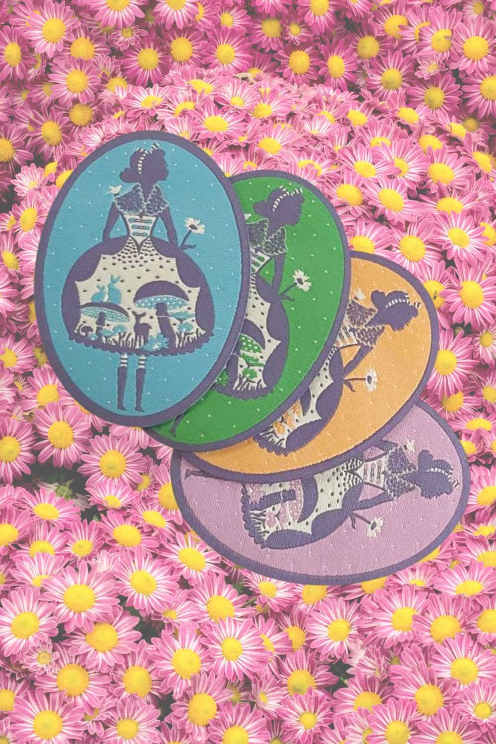 4 oval shaped pastel Alice patches in various colors