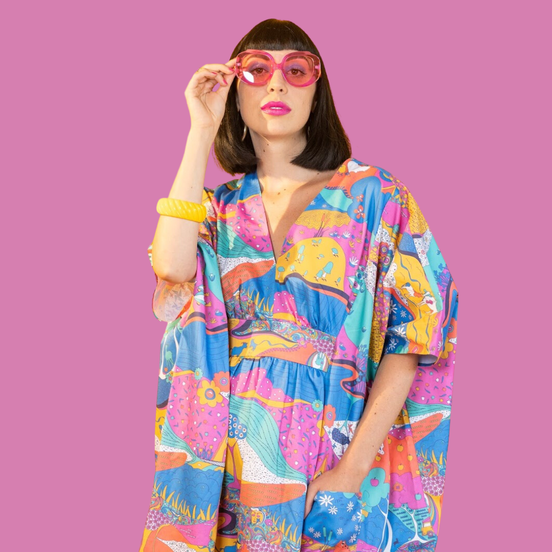 Model posing in colorful caftan with patch pockets