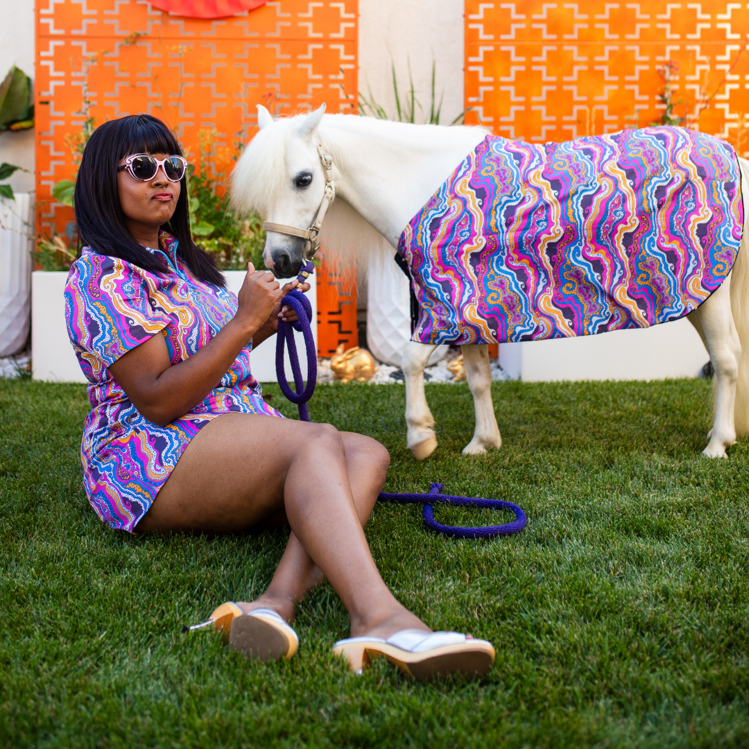 Pretty Black girl wearing bright psychedelic print minidress  with minihorse in matching outfit