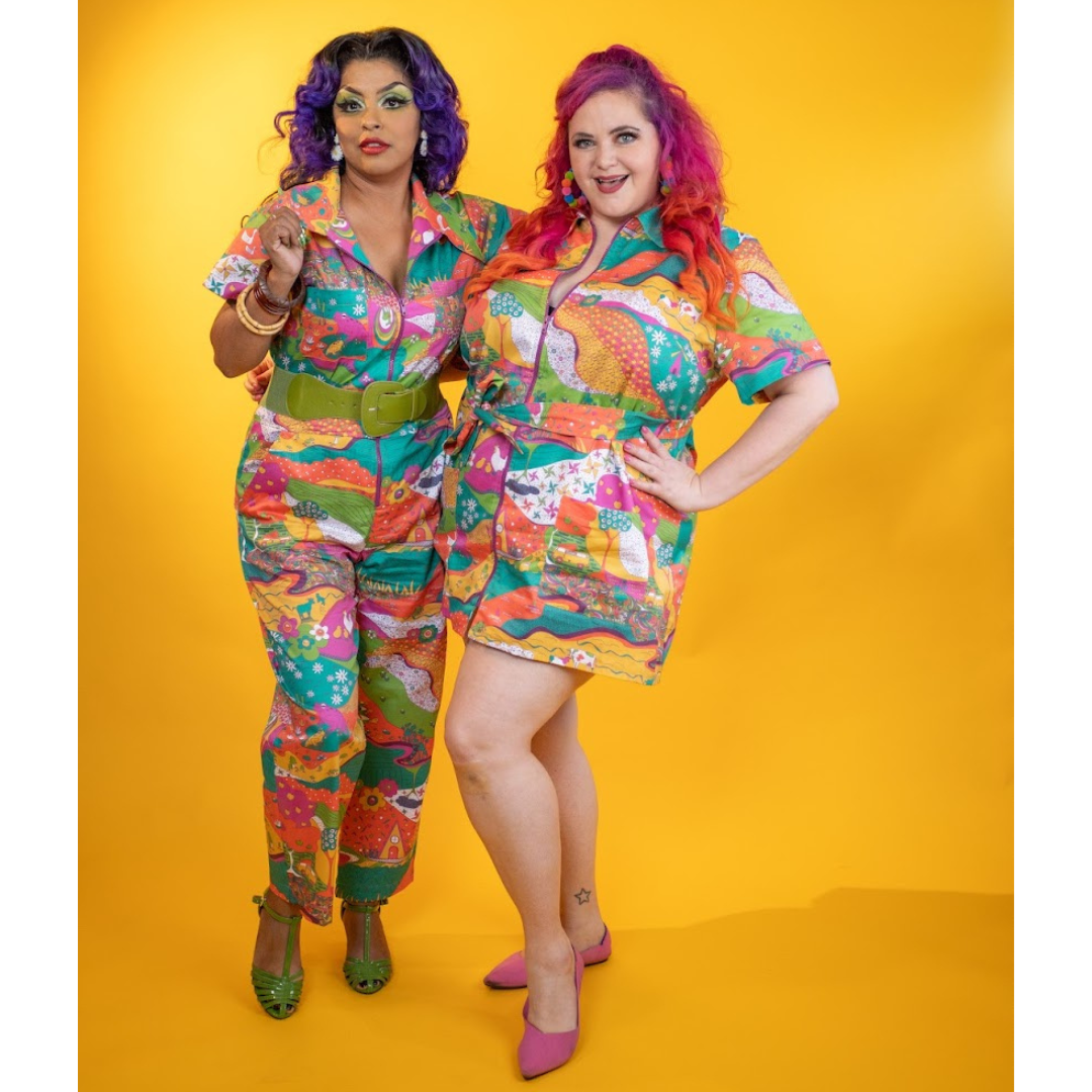 2 models in brightly colored clothing in vintage inspired prints