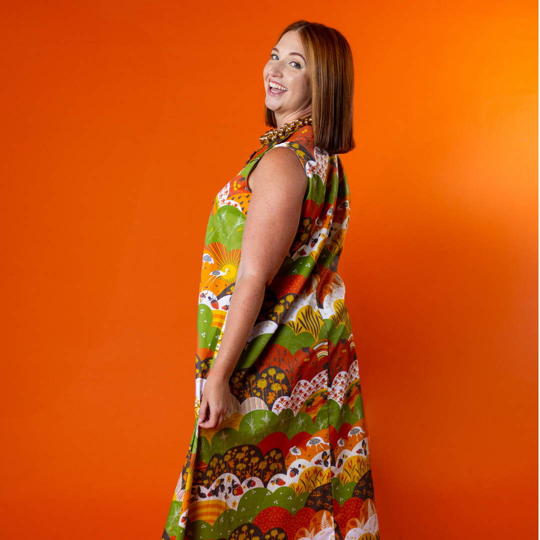 Glam Maxi House Dress in Earth-toned Meadow