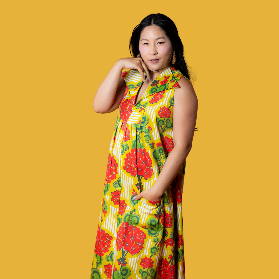 Modflower Wallpaper Glam Maxi House Dress in Sunshine