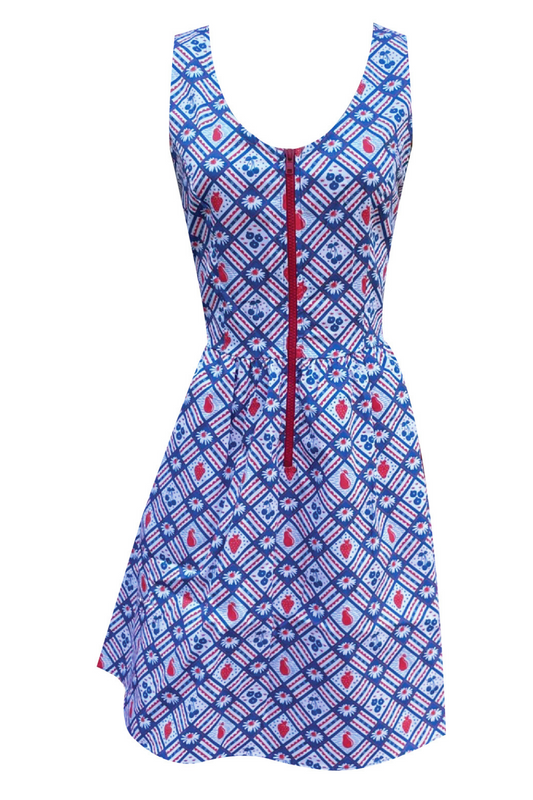 Red white and blue dress with graphic of fruit and flowers