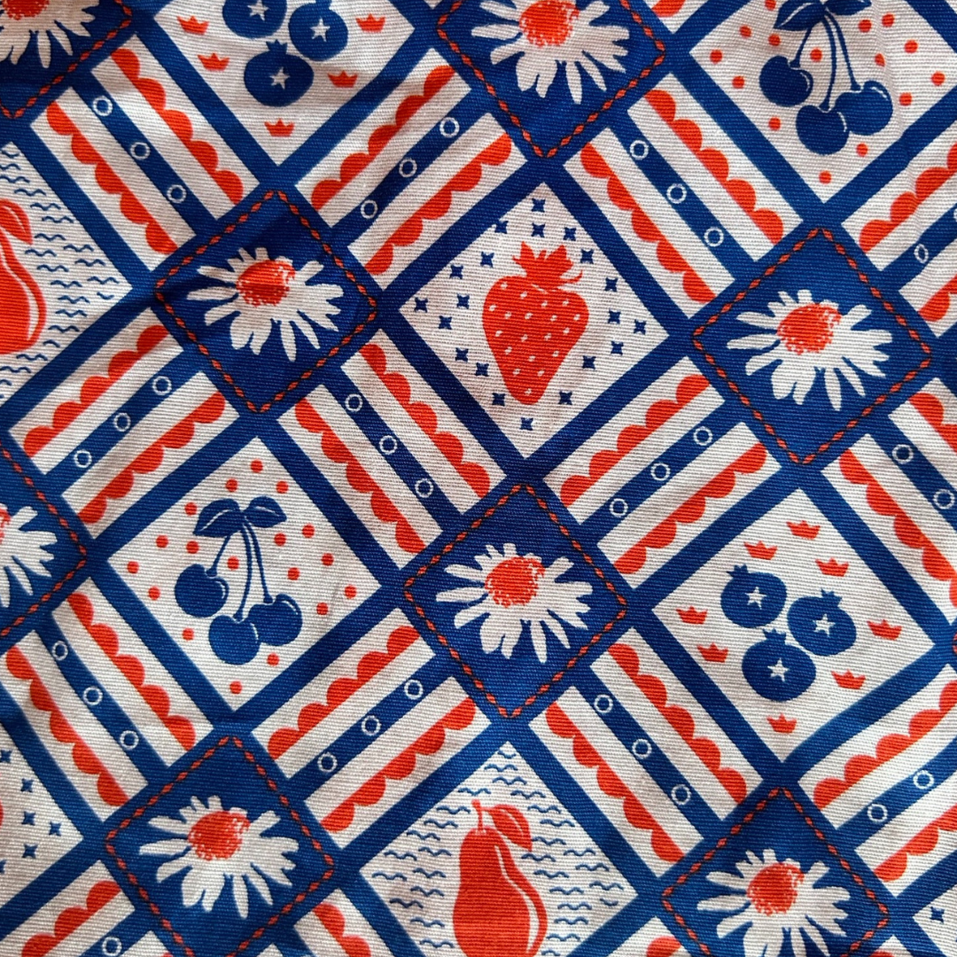 Close up of fabric of red white and blue dress with graphic of fruit and flowers