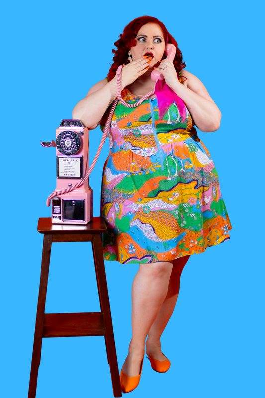 Landscape Print Fit & Flare Midi Dress in Rainbow Farm- Re-Stocked!