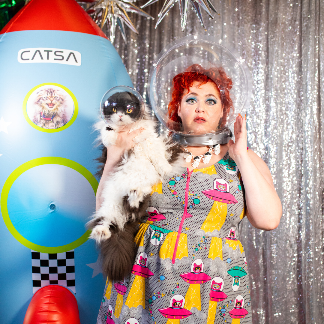 Cats in Space Print Fit & Flare Midi Dress in Asteroid Field – Blue Platypus Clothing