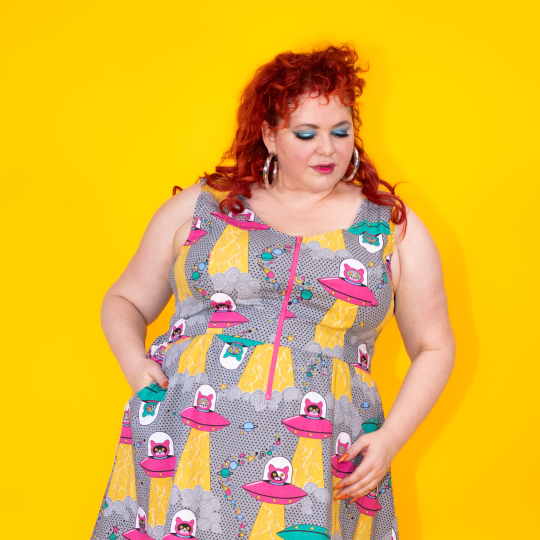 Cats in Space Print Fit & Flare Midi Dress in Asteroid Field Blue Platypus Clothing Cats in Space Print Fit & Flare Midi Dress in Asteroid Field Blue Platypus Clothing