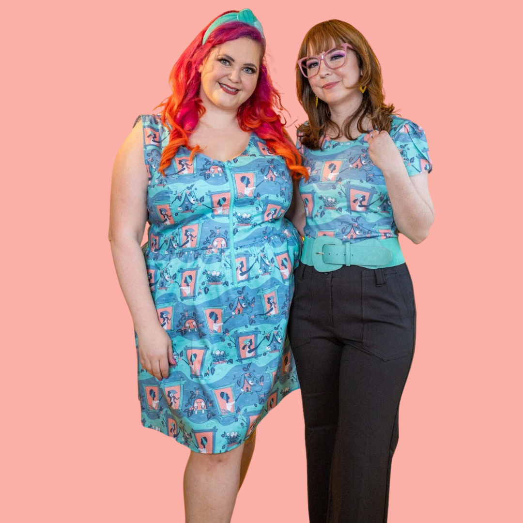 2 cute models wearing clothing featuring a cute vintage inspired print in pastel colors