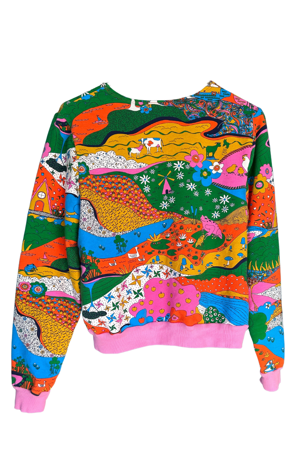 Back view of rainbow landscape print sweatshirt with pink ribbed cuffs