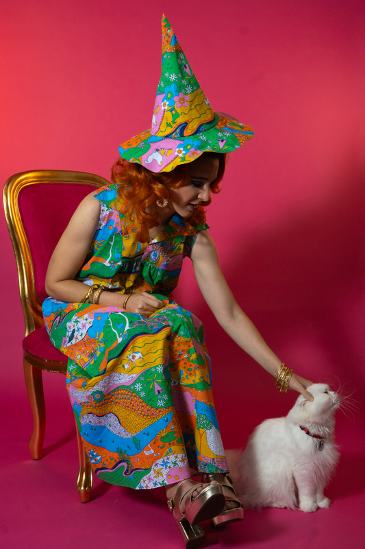 Reversible Witch & Bucket Hat in Rainbow Landscape