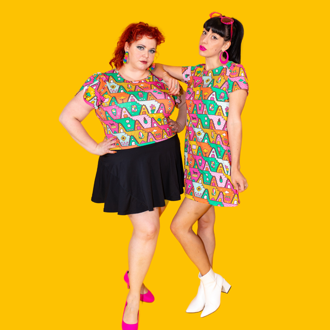2 models wearing cotton knit geometric print clothing featuring 1980s bright colors