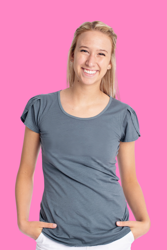 Blonde model in grey tulip-sleeved cotton tee