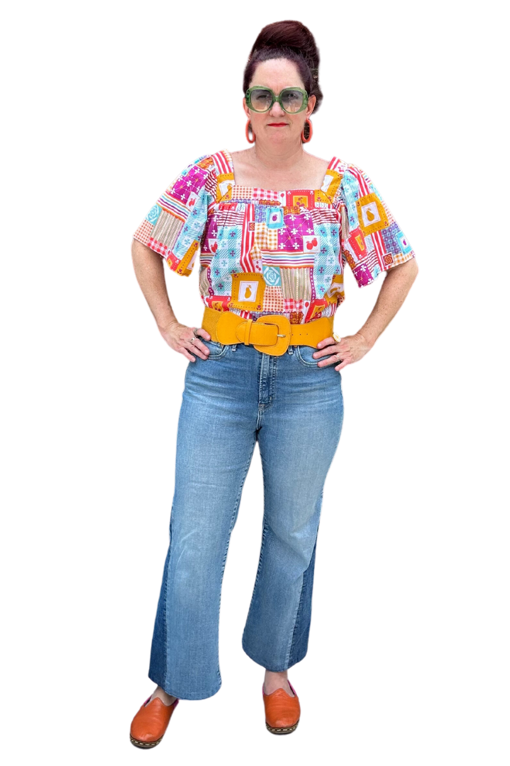 Model in square neck patchwork print peasant top and jeans