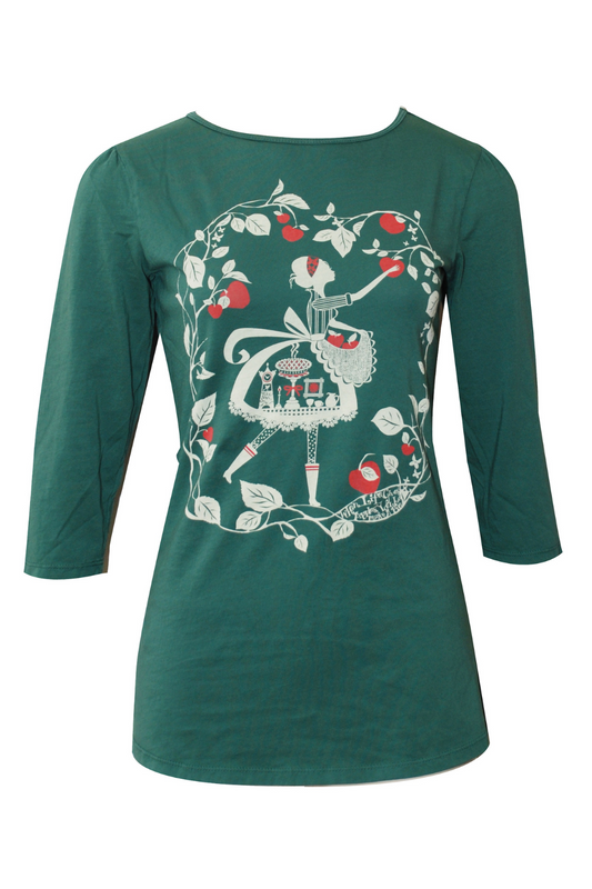 Dark green 3/4 sleeve tee with graphic of apple picking girl and bright red apples