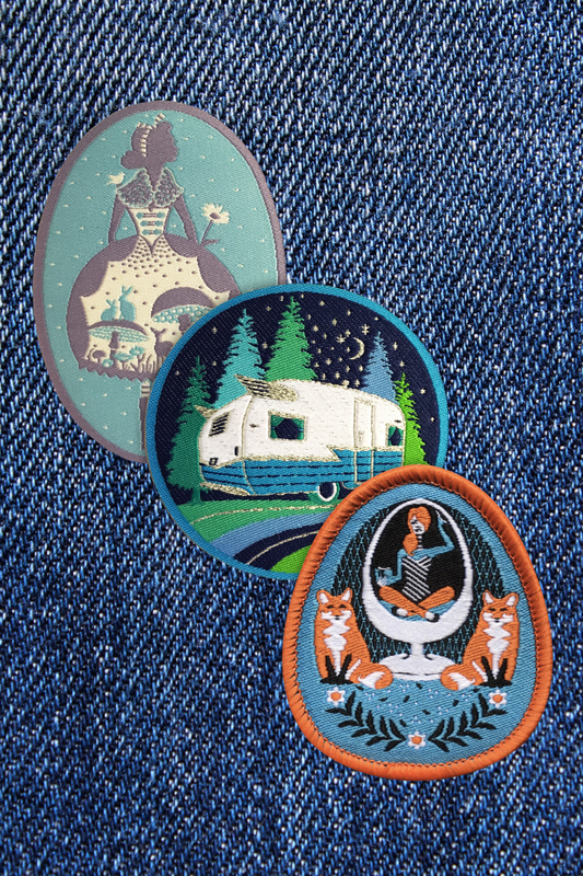 3 blue patches with fun details of foxes, campers, and sweet girls