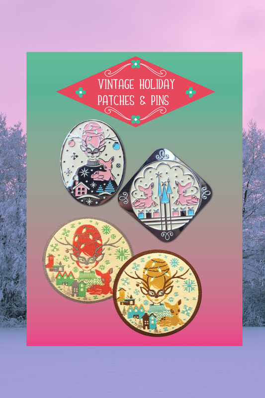 A collection of reindeer enamel pins and Christmas girl and reindeer patches