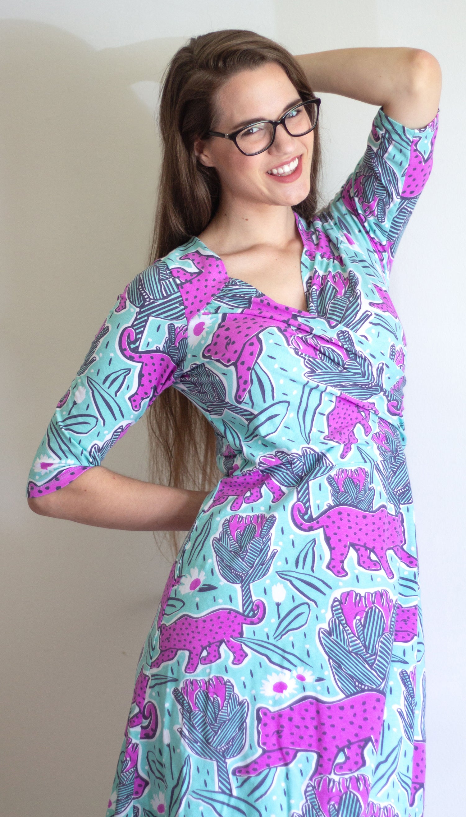 Jaguar & Protea Sweetheart Dress in Mint & Orchid - XS