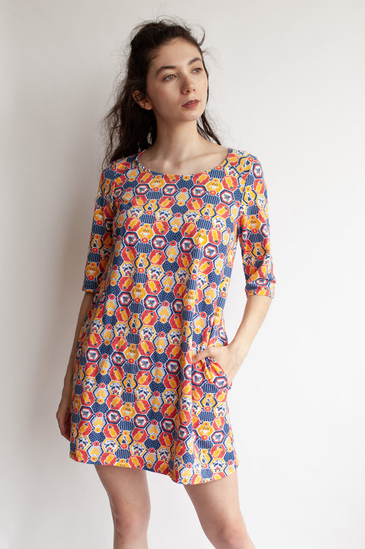 Red yellow and blue geometric honeycomb, bee, honey and flower print pocket tunic