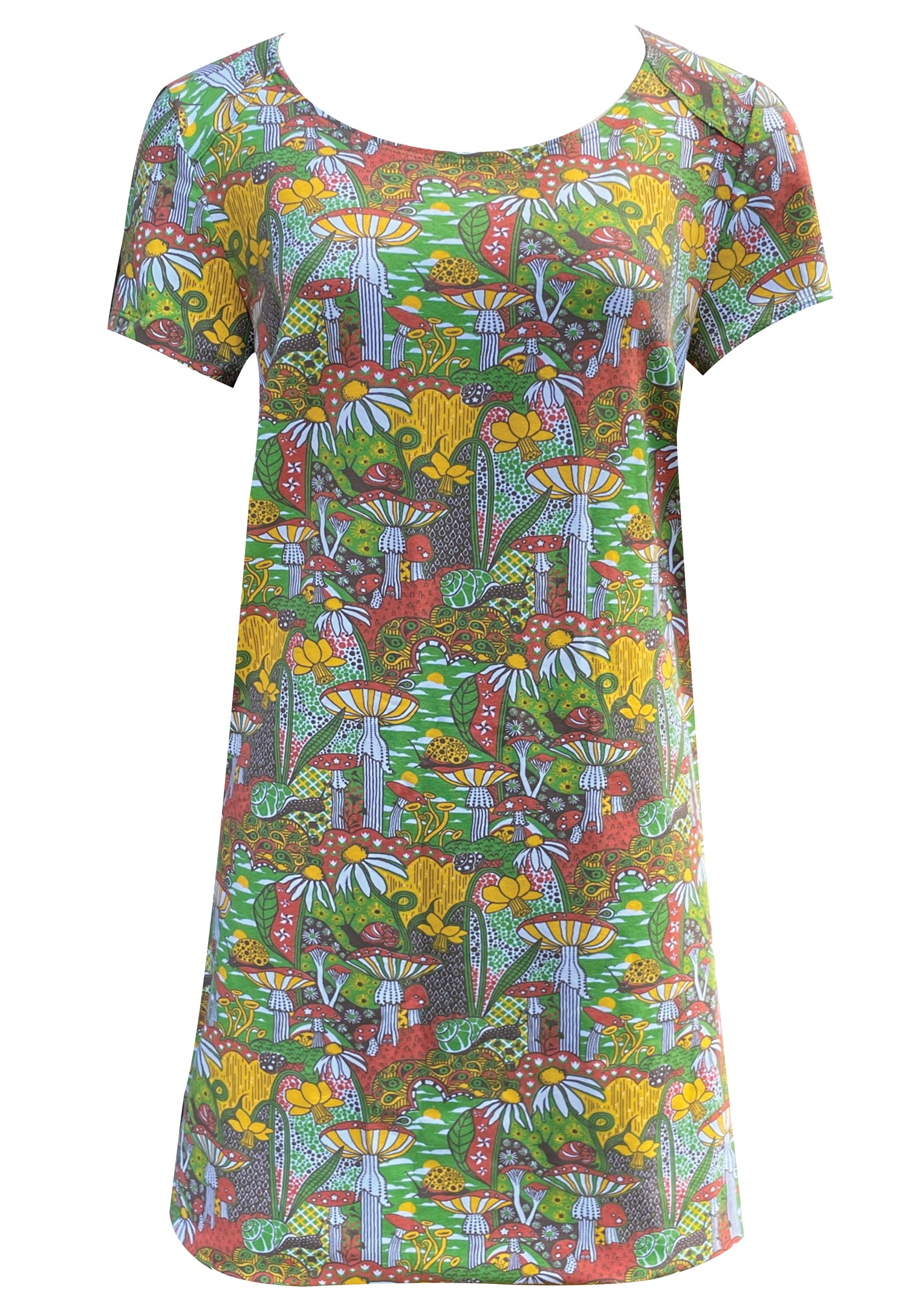 Olive green, orange and yellow mushroom, snail, and flower print cap-sleeved pocket tunic 