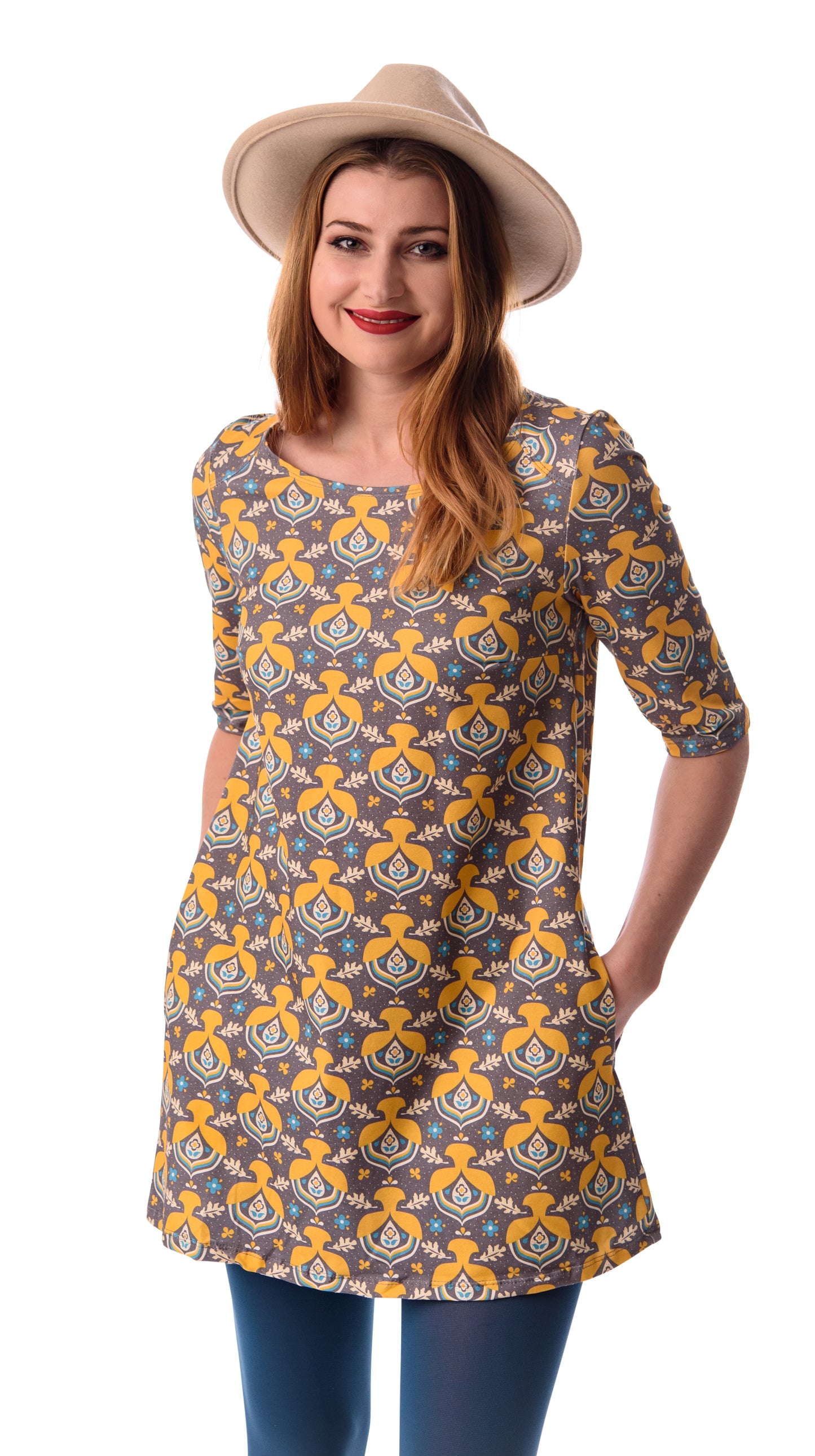 Womens a-line pocket tunic with blue, yellow and white acorn and flower print