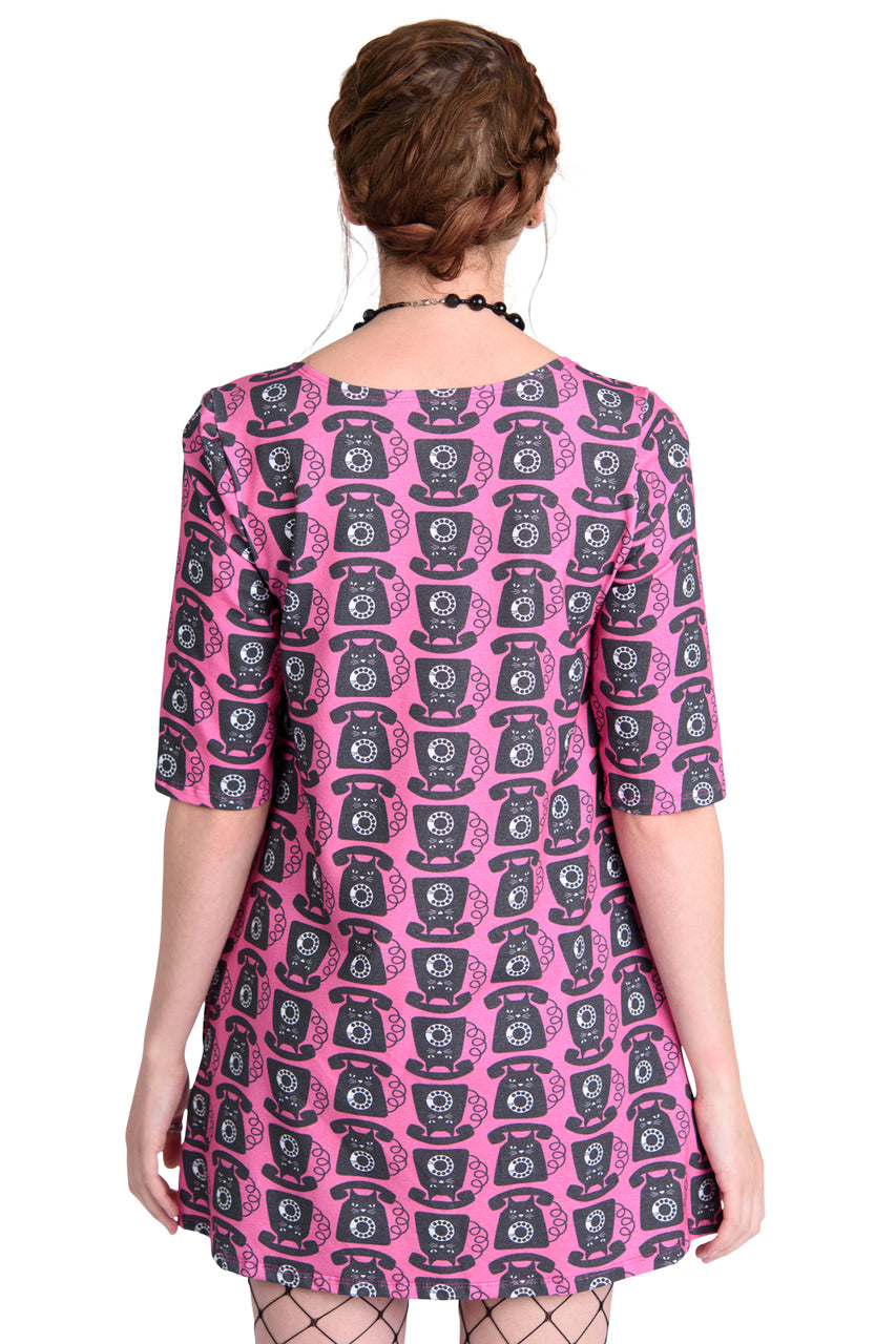 Back view of bright pink cat phone print a-line pocket tunic