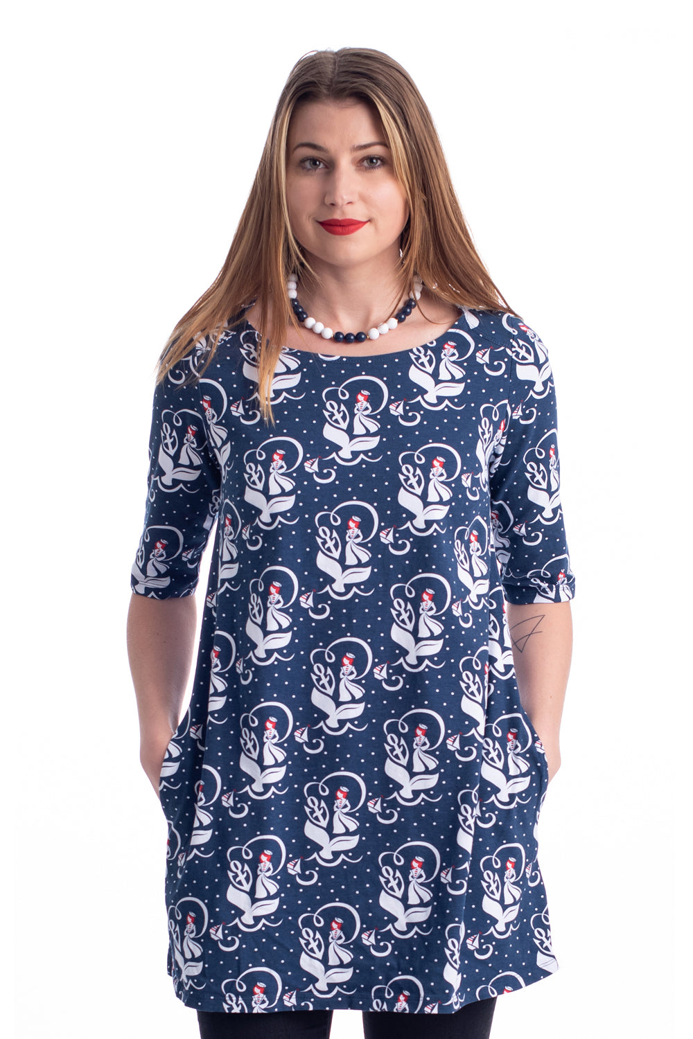 Tall model in navy, red and white sailor girl, anchor and whale tail print nautical pocket tunic