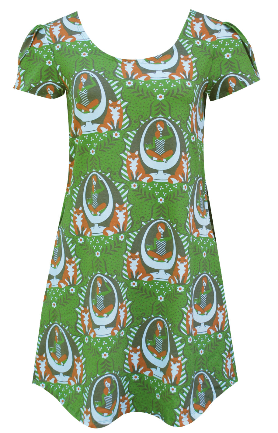 Olive green tulip-sleeve tunic with brown, orange and white print of girl reading in egg chair and foxes