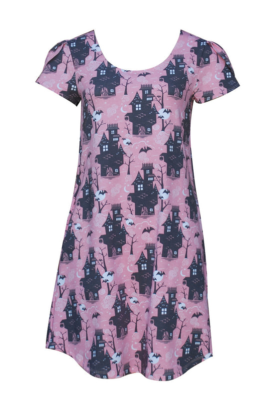 Light pink and grey haunted house print tulip-sleeved tunic with pockets