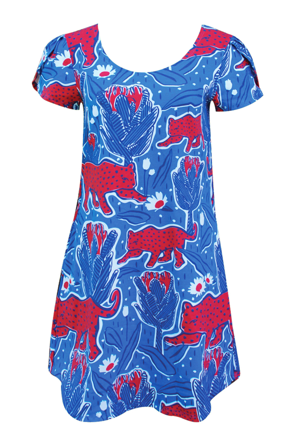 Bright blue and red tulip-sleeved tunic with print of jaguars and protea flowers