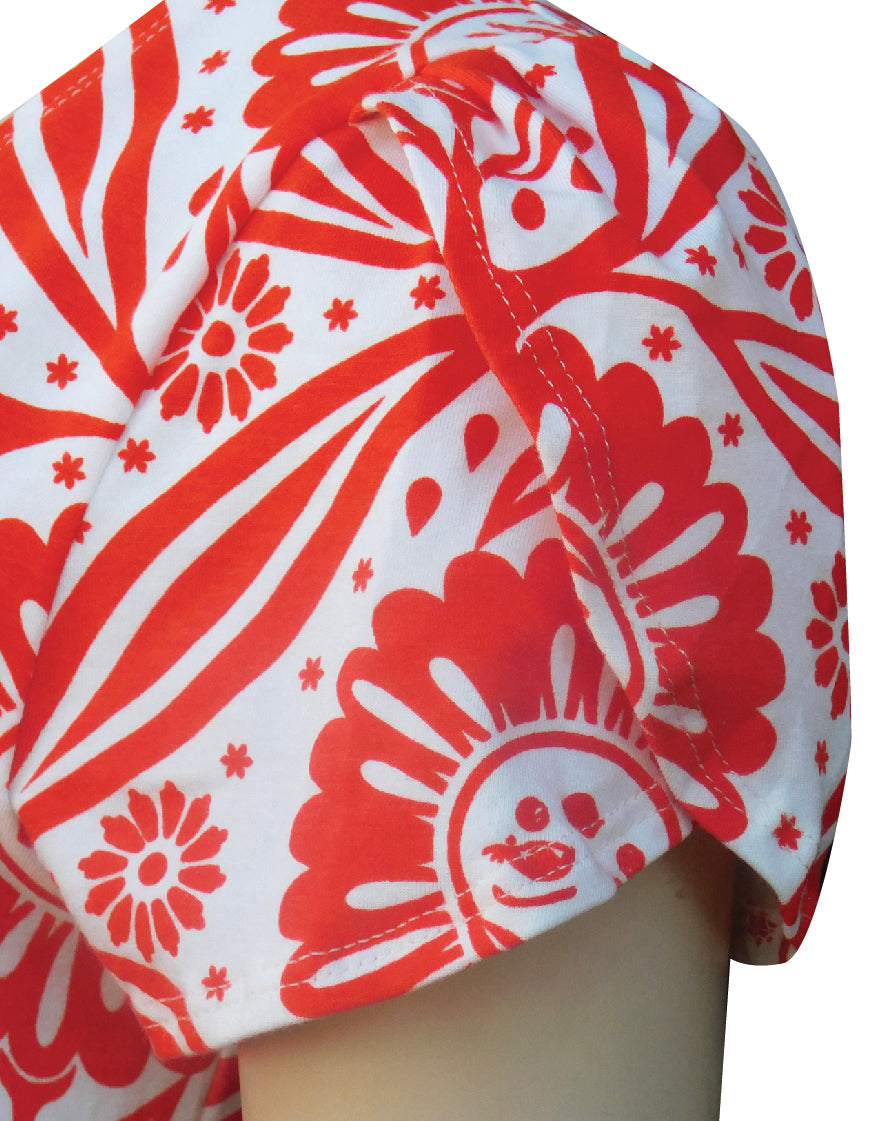 Closeup of sleeve detail of red and white sunflower print tulip-sleeved pocket tunic