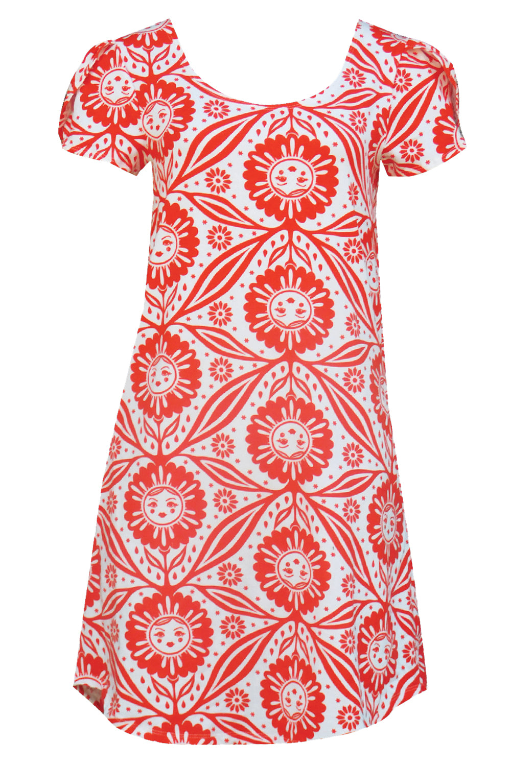 Red and white sunflower print tulip-sleeved pocket tunic