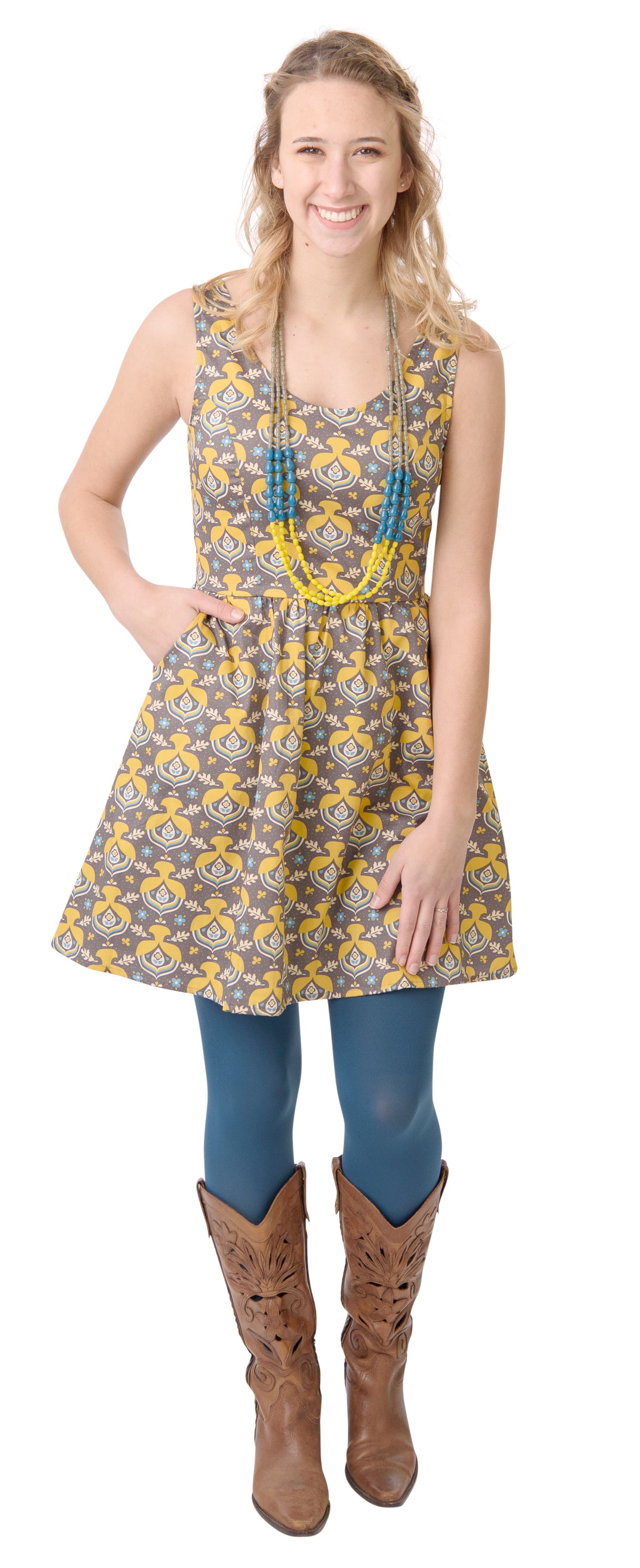 Grey cotton poplin fit and flare knee length dress with bright yellow, aqua  and yellow acorn print