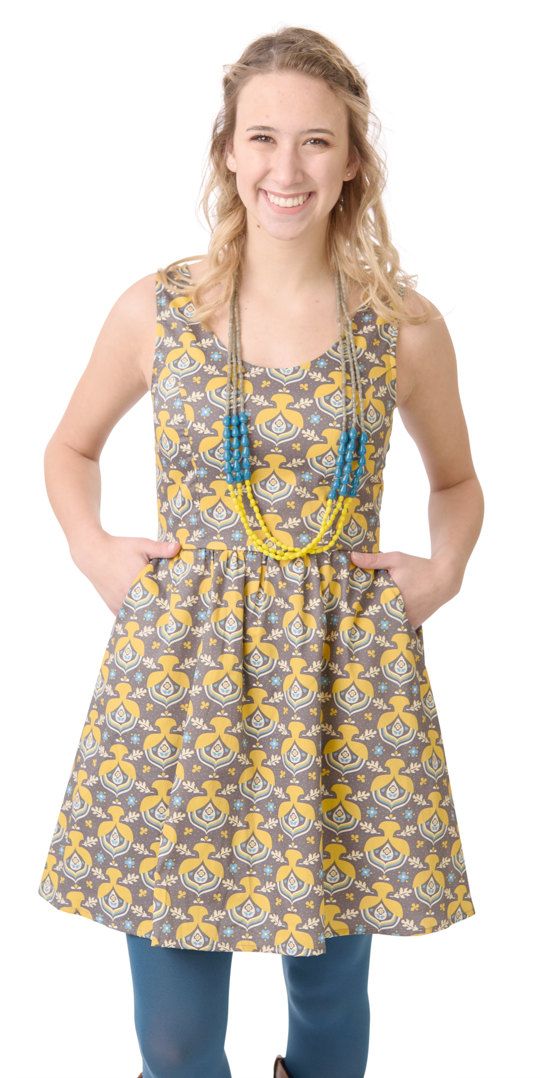 Grey cotton poplin fit and flare knee length dress with bright yellow, aqua  and yellow acorn print