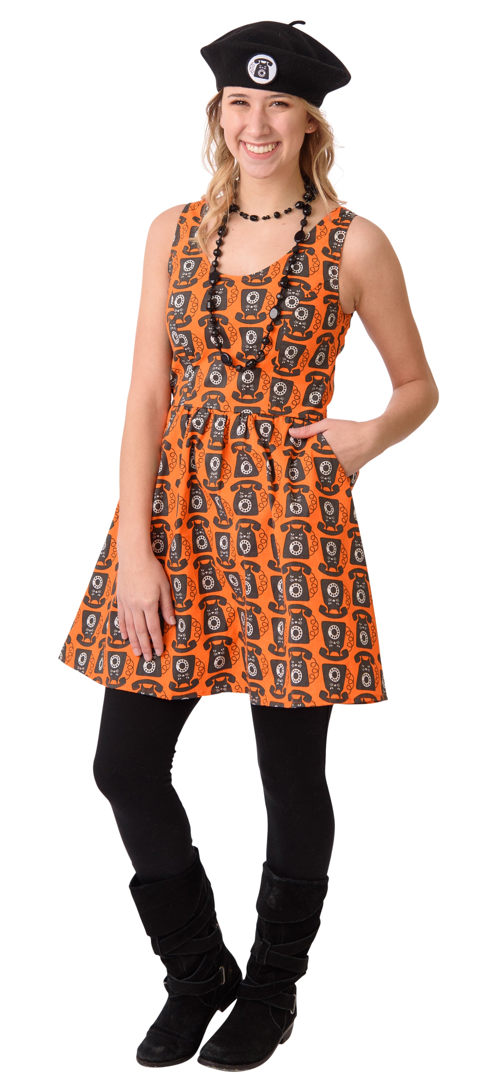 Bright orange black white cat phone print fit and flare above knee dress with pockets