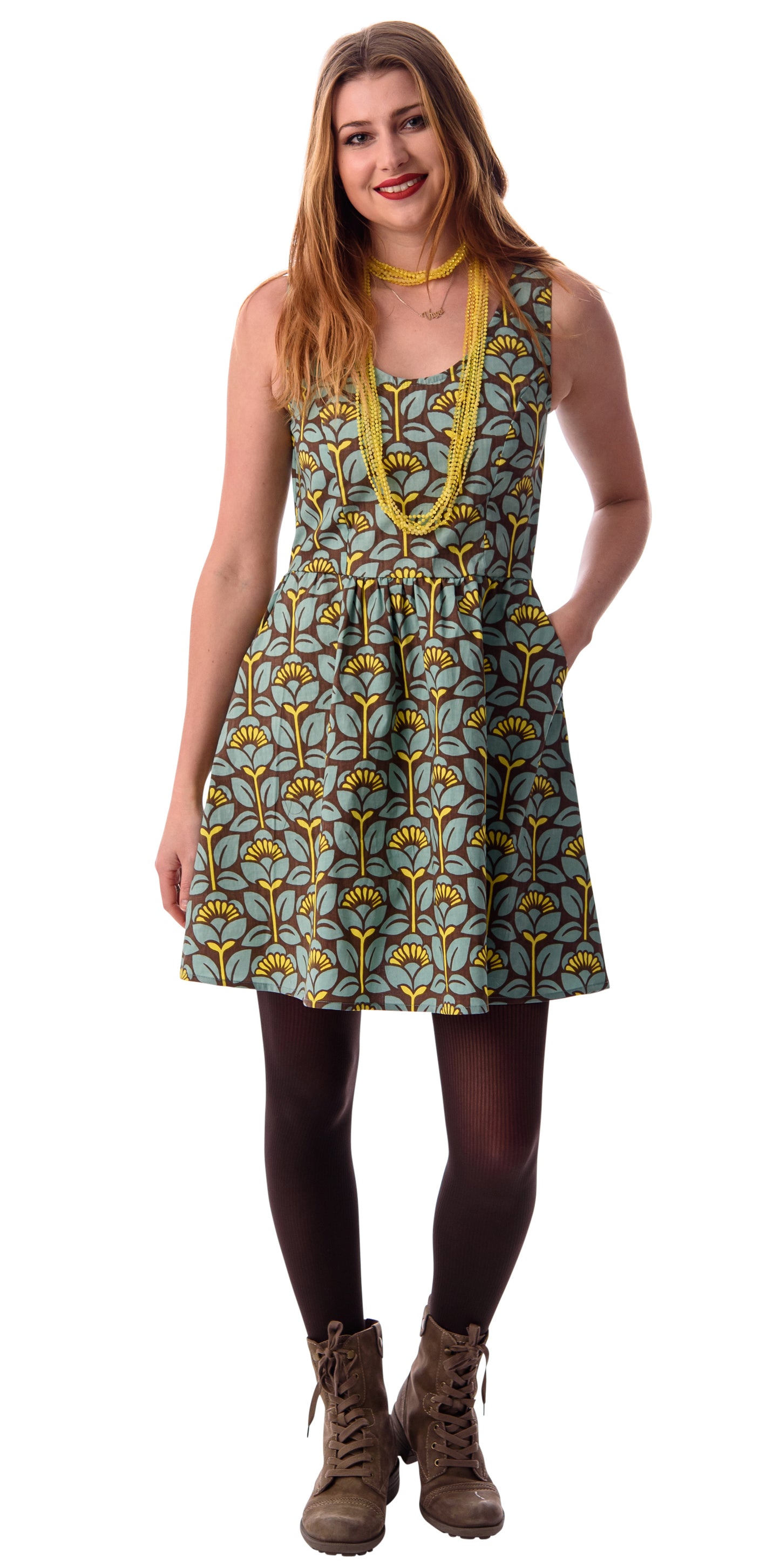 Light blue, yellow and brown geometric floral retro print sleeveless fit and flare short dress