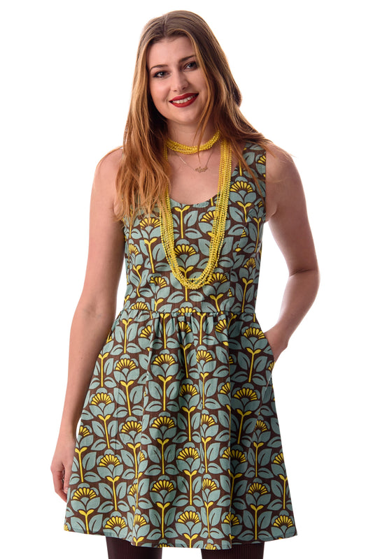 Light blue, yellow and brown geometric floral retro print sleeveless fit and flare short dress