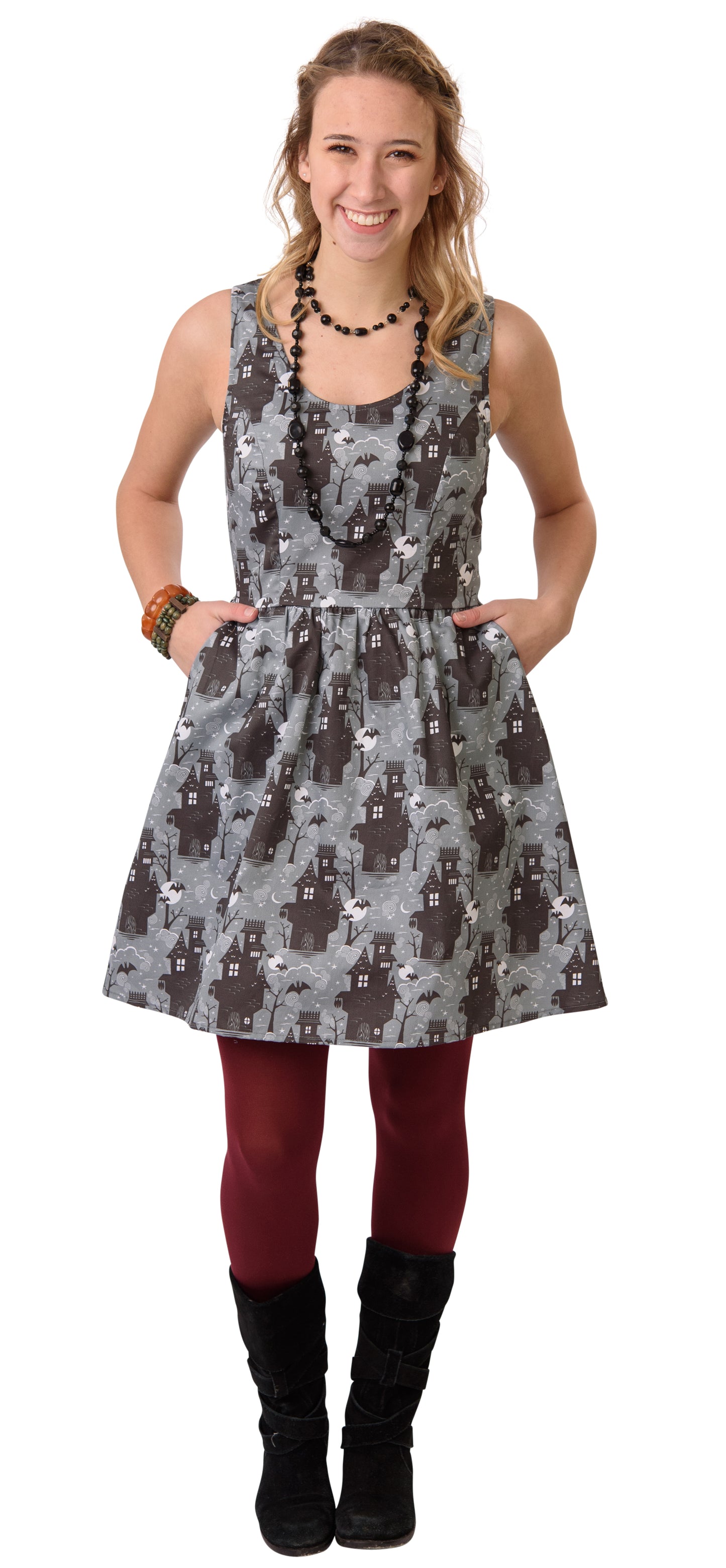 Grey haunted house print sleeveless fit and flare dress