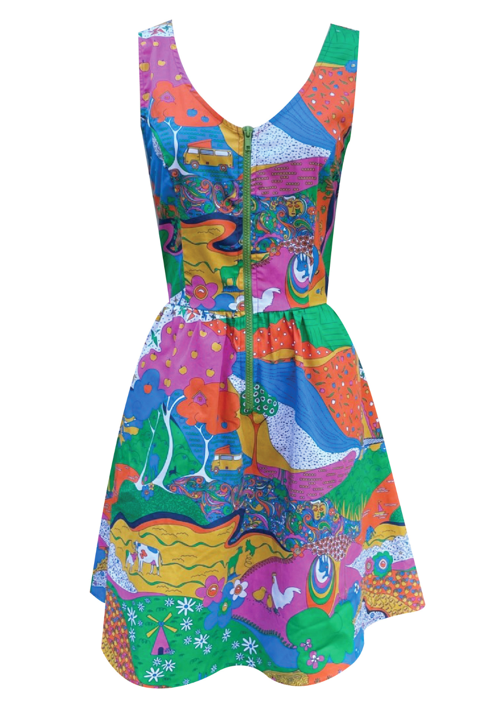 Zip-front sleeveless fit and flare multicolor dress with side pockets, animals, farms and landscape print
