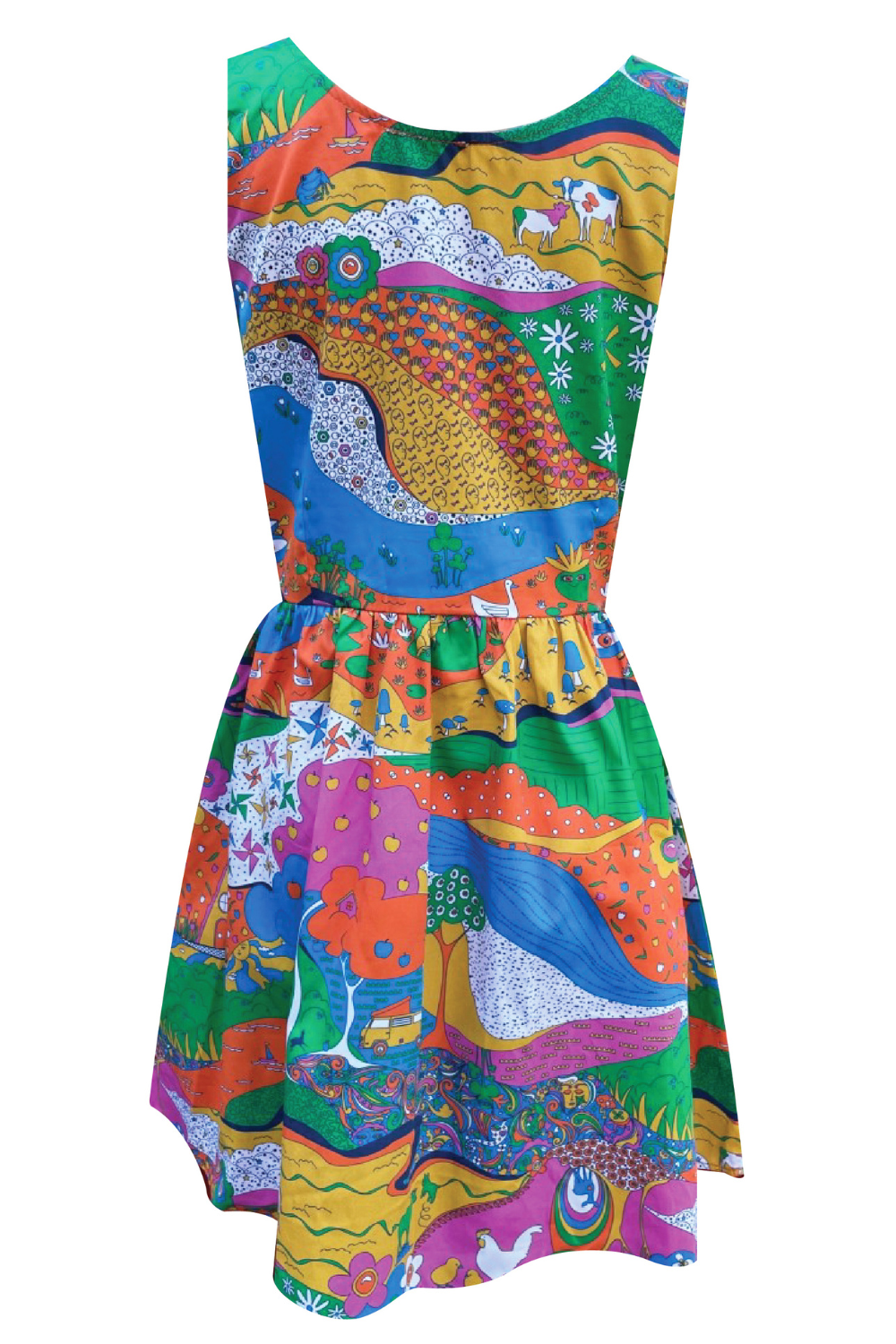 Back view of zip-front sleeveless fit and flare multicolor dress with side pockets, animals, farms and landscape print